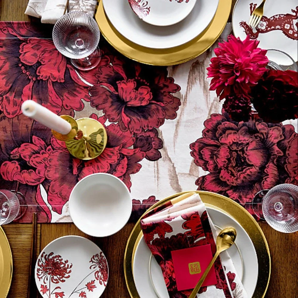 New! Crate&Barrel Red Floral Appetizer Plate Set with Gold Holder